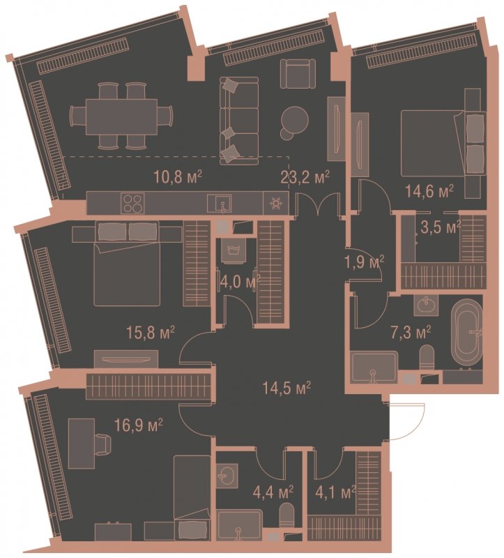 3-комнатная квартира без отделки, 121 м2, 11 этаж, сдача 1 квартал 2025 г., ЖК HIGH LIFE, корпус Heart Tower - объявление 1767892 - фото №1