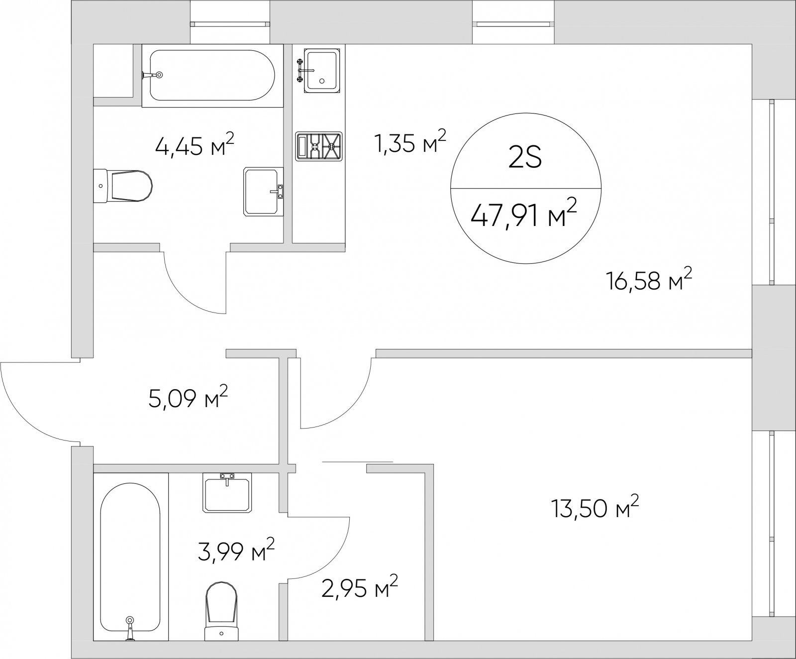 2-комнатные апартаменты без отделки, 47.91 м2, 15 этаж, дом сдан, ЖК N'ICE LOFT, корпус 1 - объявление 2406288 - фото №1