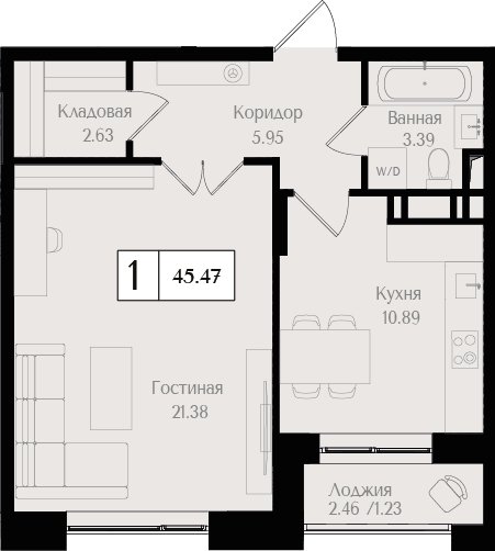 1-комнатная квартира без отделки, 46.12 м2, 3 этаж, сдача 3 квартал 2025 г., ЖК Преображенская площадь, корпус 3 - объявление 2266191 - фото №1