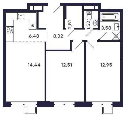2-комнатная квартира без отделки, 62.31 м2, 14 этаж, сдача 2 квартал 2025 г., ЖК Квартал Тетрис, корпус "Квартал Тетрис 2.1" - объявление 1945448 - фото №1
