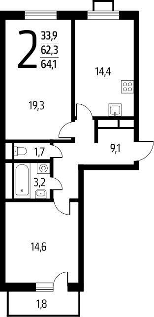 2-комнатная квартира с полной отделкой, 64.1 м2, 9 этаж, сдача 1 квартал 2025 г., ЖК Новые Ватутинки. Заречный, корпус 5/2 - объявление 2272033 - фото №1