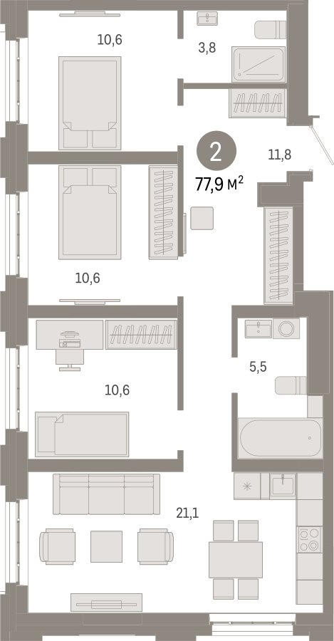 3-комнатная квартира с частичной отделкой, 77.9 м2, 3 этаж, сдача 3 квартал 2026 г., ЖК Квартал Метроном, корпус 1 - объявление 2330912 - фото №1