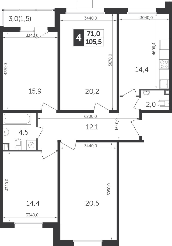 4-комнатная квартира с частичной отделкой, 105.3 м2, 18 этаж, дом сдан, ЖК Датский квартал, корпус 1 - объявление 2343378 - фото №1
