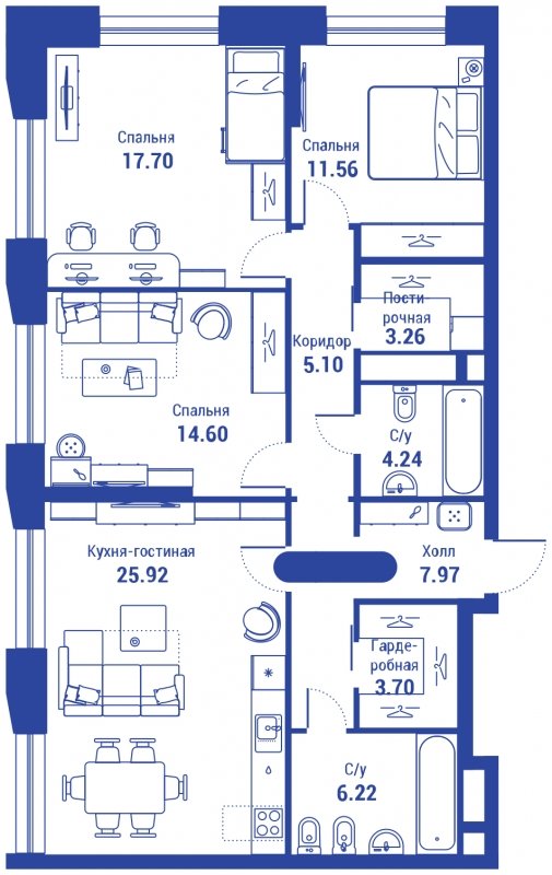 4-комнатная квартира (евро) с полной отделкой, 100.27 м2, 22 этаж, сдача 3 квартал 2024 г., ЖК iLove, корпус 2 - объявление 1667052 - фото №1