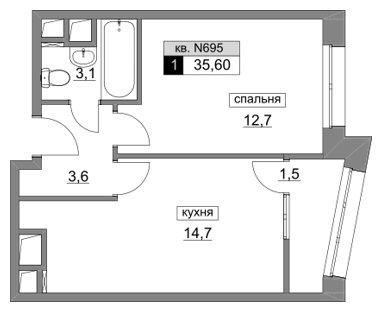 1-комнатная квартира без отделки, 35.6 м2, 13 этаж, сдача 4 квартал 2022 г., ЖК Румянцево-Парк, корпус 3 - объявление 1186862 - фото №1