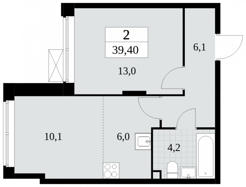 2-комнатная квартира (евро) без отделки, 39.4 м2, 2 этаж, сдача 2 квартал 2024 г., ЖК Прокшино, корпус 6.3 - объявление 1662910 - фото №1