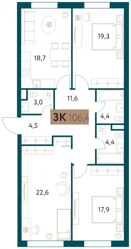 3-комнатная квартира 106.4 м2, 20 этаж, сдача 4 квартал 2022 г., ЖК Настоящее, корпус 4 - объявление 1711373 - фото №1