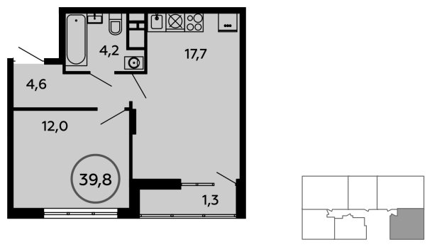1-комнатная квартира без отделки, 39.8 м2, 13 этаж, сдача 1 квартал 2023 г., ЖК Скандинавия, корпус 2.14.1 - объявление 1499131 - фото №1
