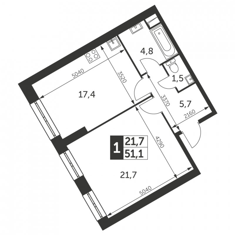 1-комнатная квартира с частичной отделкой, 51.1 м2, 27 этаж, сдача 4 квартал 2023 г., ЖК Архитектор, корпус 3 - объявление 1652460 - фото №1