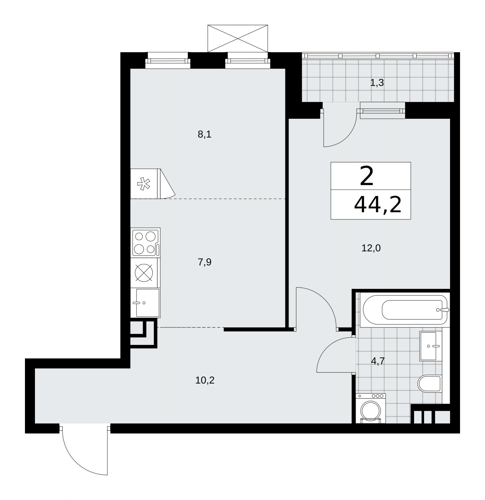 2-комнатная квартира (евро) с частичной отделкой, 44.2 м2, 4 этаж, сдача 2 квартал 2026 г., ЖК Прокшино, корпус 11.2.3 - объявление 2270354 - фото №1