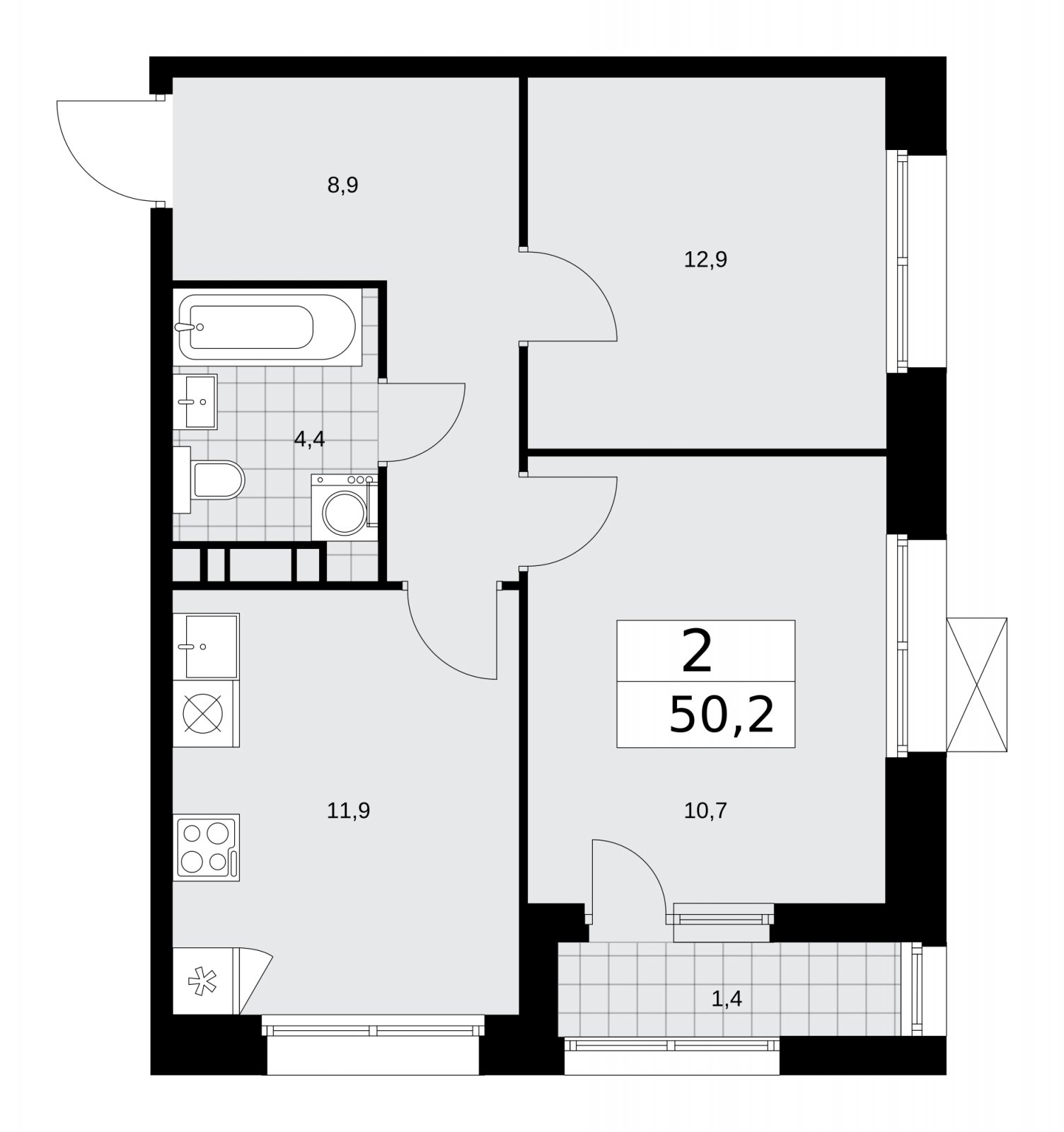 2-комнатная квартира без отделки, 50.2 м2, 8 этаж, сдача 4 квартал 2025 г., ЖК Бунинские кварталы, корпус 6.4 - объявление 2252739 - фото №1