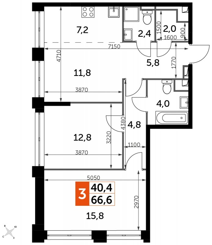 3-комнатная квартира без отделки, 66.6 м2, 36 этаж, сдача 1 квартал 2023 г., ЖК Sydney City, корпус 3 - объявление 1710086 - фото №1