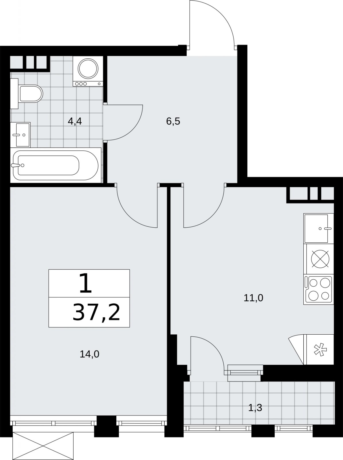 1-комнатная квартира с частичной отделкой, 37.2 м2, 6 этаж, сдача 2 квартал 2026 г., ЖК Бунинские кварталы, корпус 5.1 - объявление 2297123 - фото №1