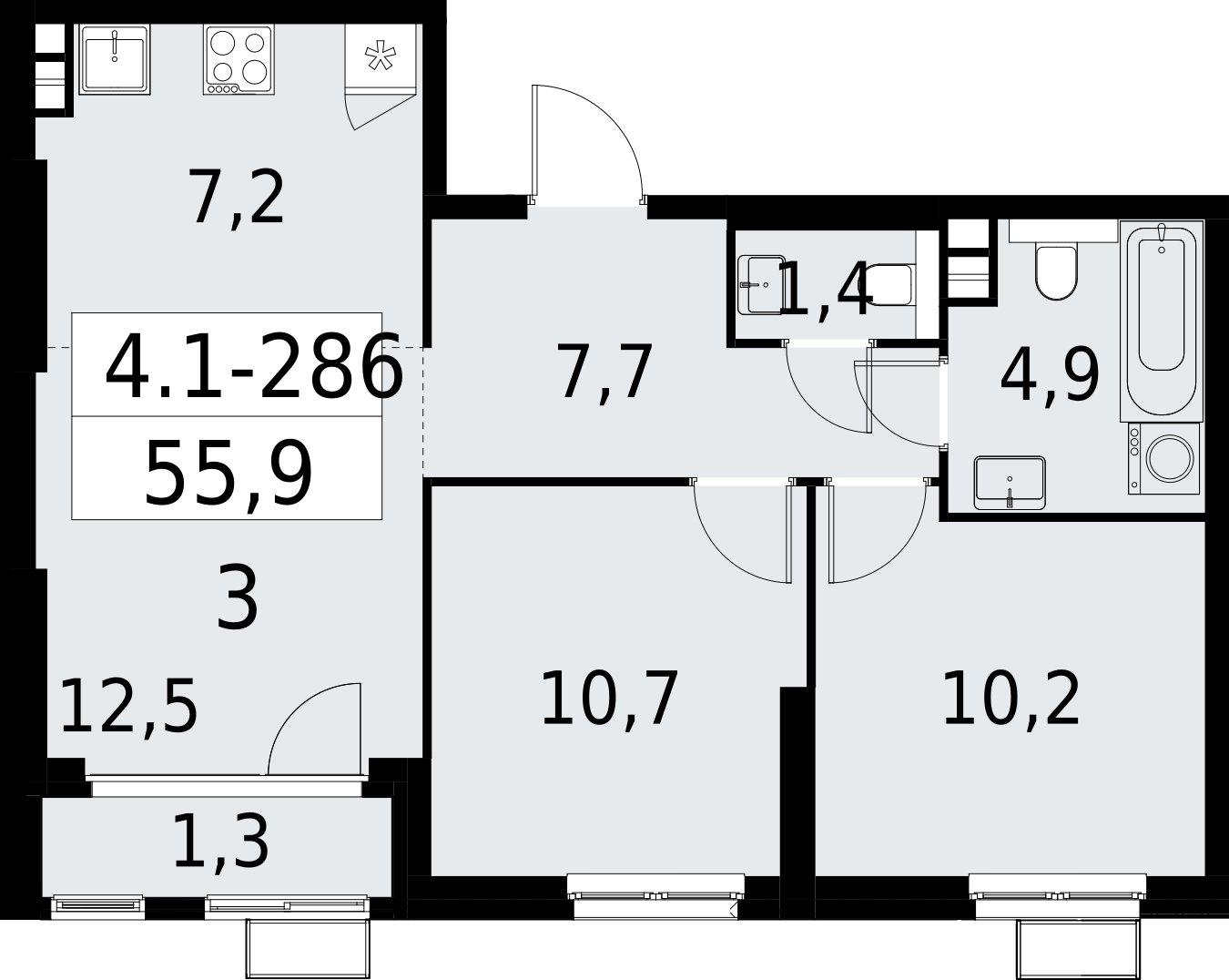 3-комнатная квартира (евро) с полной отделкой, 55.9 м2, 5 этаж, сдача 2 квартал 2027 г., ЖК Южные сады, корпус 4.1.2 - объявление 2392796 - фото №1