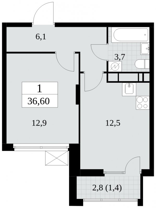 1-комнатная квартира без отделки, 36.6 м2, 13 этаж, сдача 4 квартал 2024 г., ЖК Скандинавия, корпус 2.27.2 - объявление 1840417 - фото №1