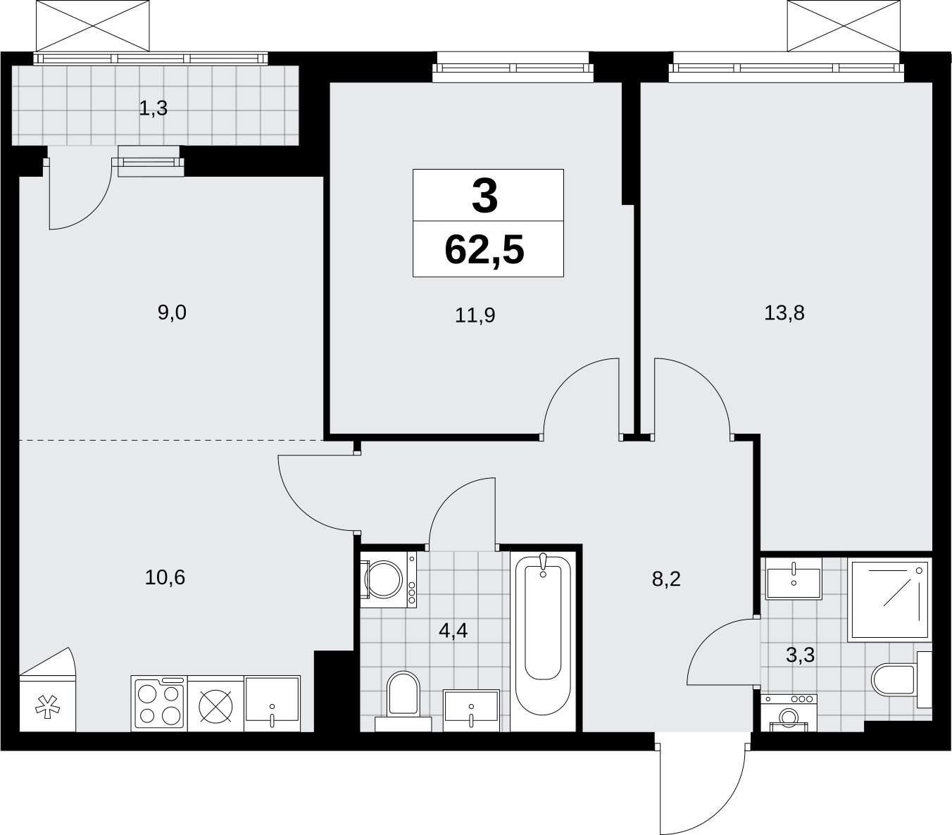 3-комнатная квартира (евро) с полной отделкой, 62.5 м2, 6 этаж, сдача 3 квартал 2026 г., ЖК Дзен-кварталы, корпус 6.1.3 - объявление 2328036 - фото №1