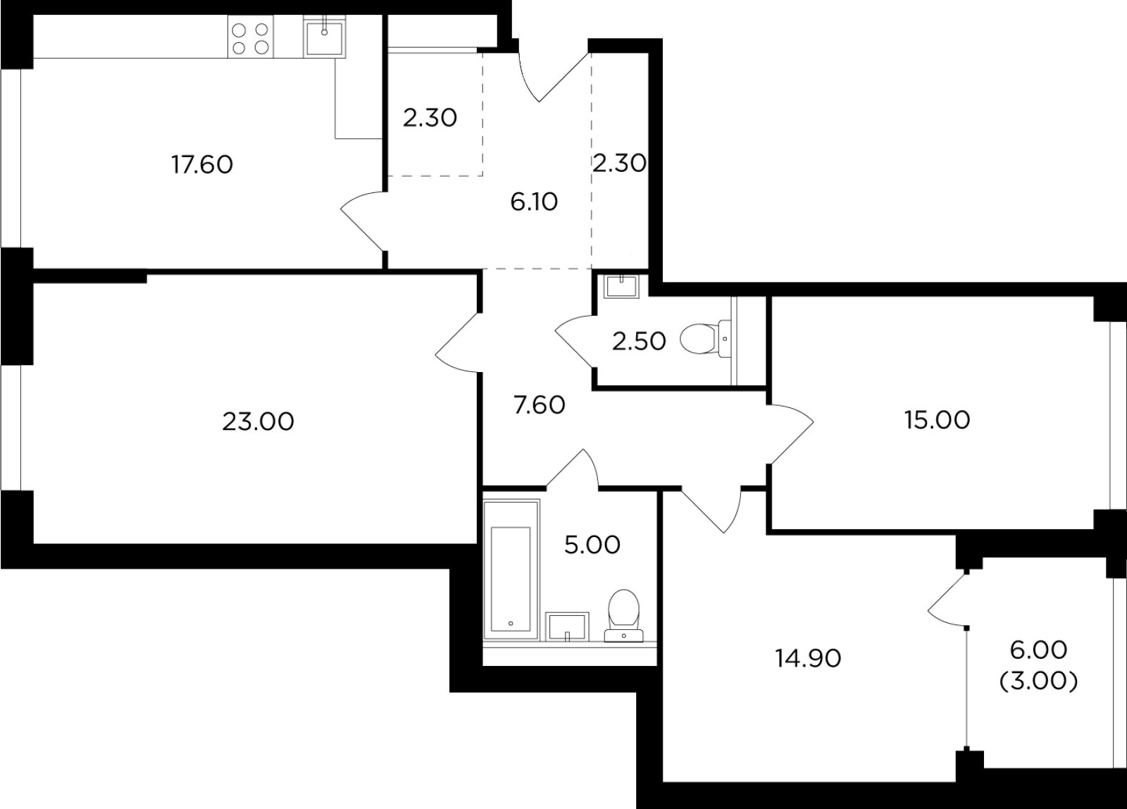 3-комнатная квартира без отделки, 102.27 м2, 14 этаж, дом сдан, ЖК RiverSky, корпус 8 - объявление 2385453 - фото №1