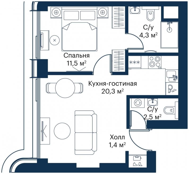 1-комнатная квартира с частичной отделкой, 40 м2, 2 этаж, сдача 4 квартал 2023 г., ЖК City Bay, корпус Atlantic Ocean 1 - объявление 1645326 - фото №1