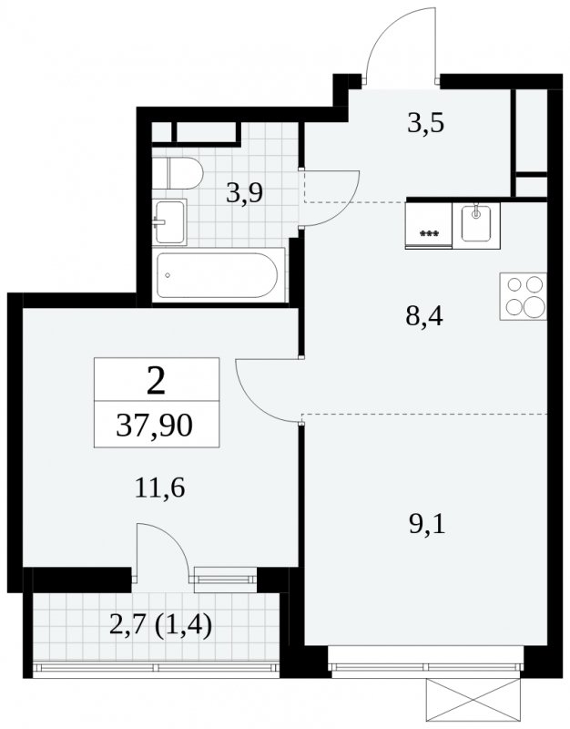 2-комнатная квартира (евро) с полной отделкой, 37.9 м2, 14 этаж, сдача 3 квартал 2024 г., ЖК Прокшино, корпус 6.4 - объявление 1663156 - фото №1
