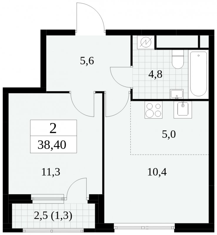 2-комнатная квартира (евро) без отделки, 38.4 м2, 20 этаж, сдача 2 квартал 2025 г., ЖК Южные сады, корпус 2.3 - объявление 1758375 - фото №1