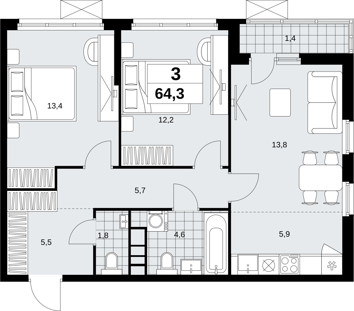 3-комнатная квартира (евро) с полной отделкой, 64.3 м2, 6 этаж, сдача 1 квартал 2027 г., ЖК Скандинавия, корпус 2.18.2.1 - объявление 2351129 - фото №1