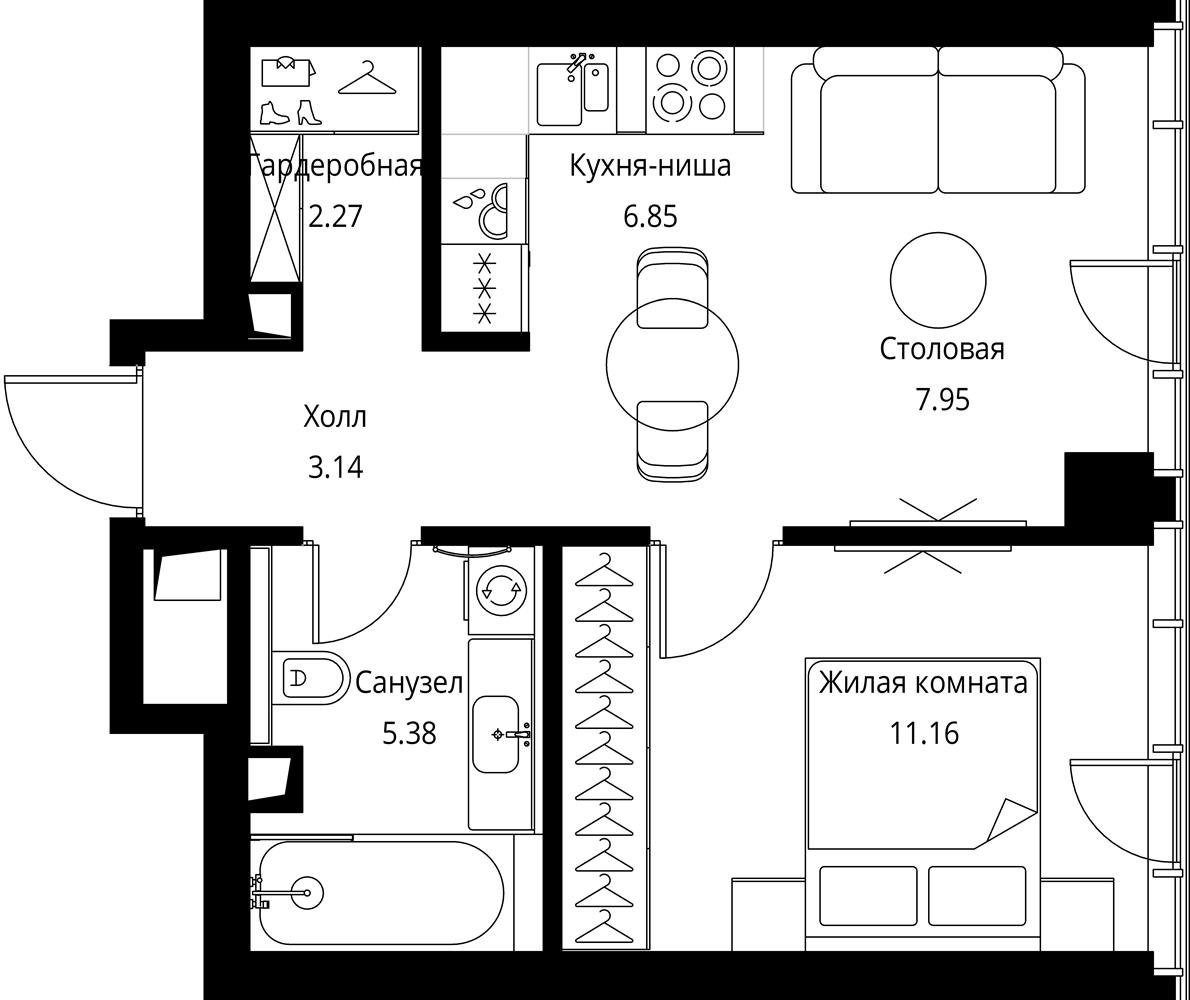 1-комнатная квартира с частичной отделкой, 36.75 м2, 7 этаж, сдача 3 квартал 2026 г., ЖК City Bay, корпус North Ocean 8 - объявление 2332229 - фото №1