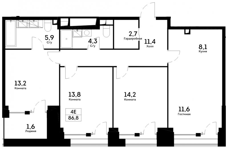 4-комнатная квартира 86.8 м2, 6 этаж, сдача 4 квартал 2022 г., ЖК Квартал на набережной NOW, корпус 2.7 - объявление 1554577 - фото №1