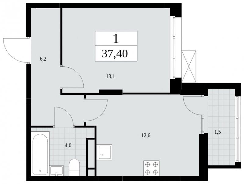 1-комнатная квартира с частичной отделкой, 37.4 м2, 6 этаж, сдача 4 квартал 2024 г., ЖК Скандинавия, корпус 36.3.1 - объявление 1894562 - фото №1
