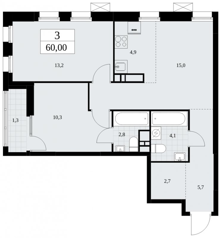 3-комнатная квартира (евро) с частичной отделкой, 60 м2, 13 этаж, сдача 1 квартал 2025 г., ЖК Дзен-кварталы, корпус 1.1 - объявление 1895568 - фото №1