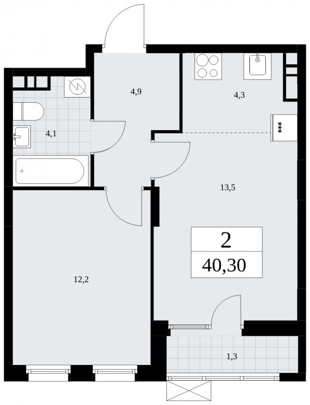2-комнатная квартира (евро) с частичной отделкой, 40.3 м2, 5 этаж, сдача 1 квартал 2025 г., ЖК Дзен-кварталы, корпус 1.2 - объявление 1895664 - фото №1
