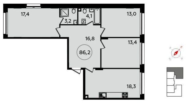 3-комнатная квартира с полной отделкой, 86.2 м2, 2 этаж, сдача 2 квартал 2022 г., ЖК Скандинавия, корпус 13.3 - объявление 1412483 - фото №1