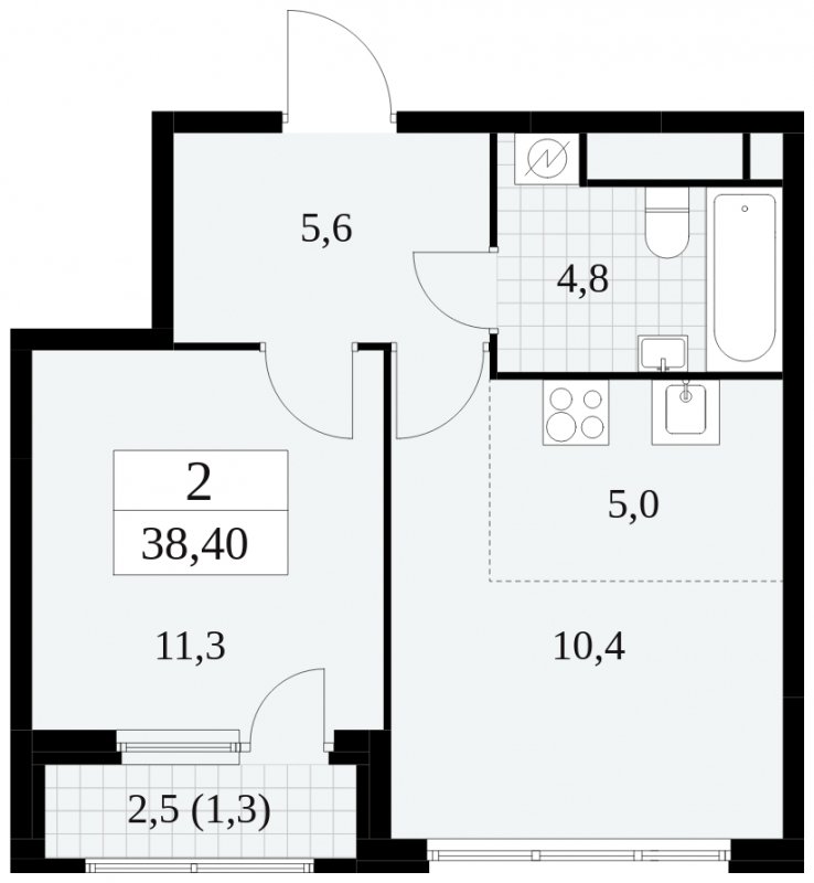 2-комнатная квартира (евро) без отделки, 38.4 м2, 26 этаж, сдача 2 квартал 2025 г., ЖК Южные сады, корпус 2.3 - объявление 1758405 - фото №1