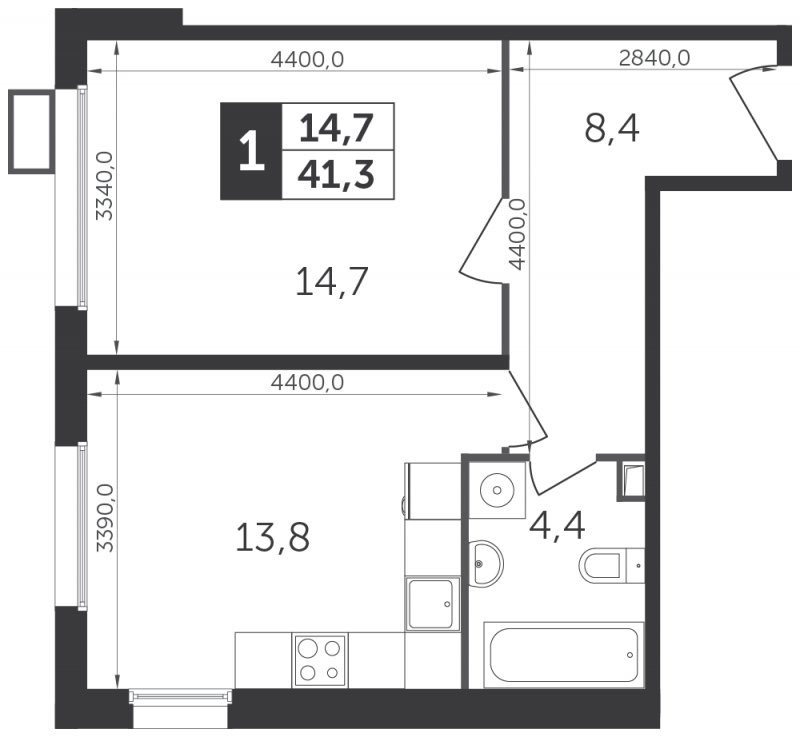 1-комнатная квартира с частичной отделкой, 41.3 м2, 13 этаж, сдача 1 квартал 2022 г., ЖК Датский квартал, корпус 1 - объявление 1329106 - фото №1