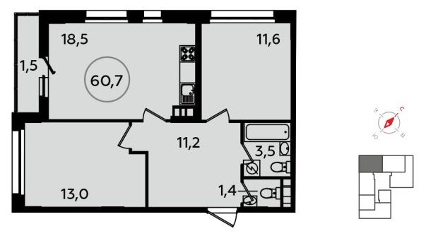 2-комнатная квартира без отделки, 60.7 м2, 8 этаж, сдача 1 квартал 2022 г., ЖК Скандинавия, корпус 13.1 - объявление 1411547 - фото №1