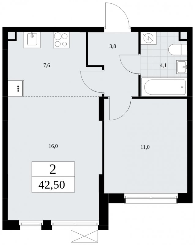 2-комнатная квартира (евро) с частичной отделкой, 42.5 м2, 2 этаж, сдача 1 квартал 2025 г., ЖК Дзен-кварталы, корпус 1.2 - объявление 1895677 - фото №1