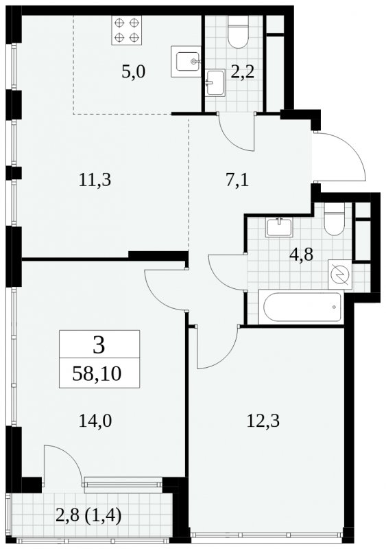 3-комнатная квартира (евро) без отделки, 58.1 м2, 27 этаж, сдача 2 квартал 2025 г., ЖК Южные сады, корпус 2.4 - объявление 1760525 - фото №1