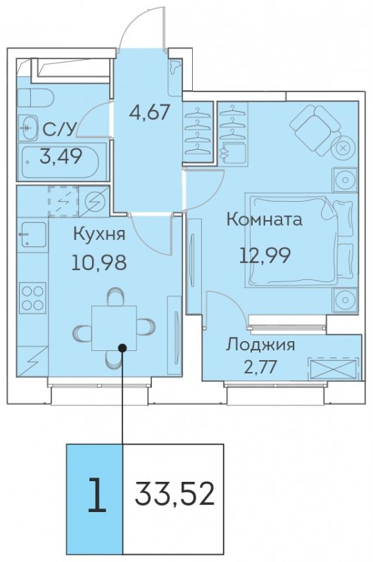 1-комнатная квартира с частичной отделкой, 33.52 м2, 10 этаж, сдача 3 квартал 2023 г., ЖК Аквилон BESIDE, корпус 1 - объявление 1642947 - фото №1