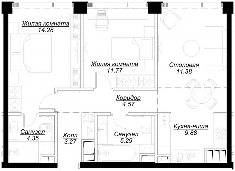 2-комнатная квартира с частичной отделкой, 64.79 м2, 42 этаж, сдача 4 квартал 2024 г., ЖК MOD, корпус Mod.D - объявление 1788374 - фото №1