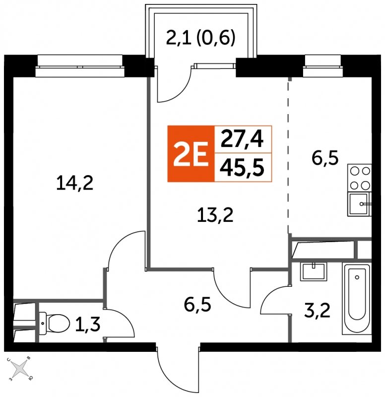 2-комнатная квартира (евро) с полной отделкой, 45.5 м2, 13 этаж, дом сдан, ЖК Датский квартал, корпус 2 - объявление 2348839 - фото №1