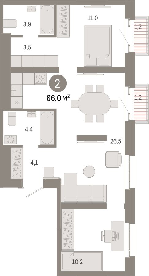 2-комнатная квартира с частичной отделкой, 66 м2, 6 этаж, сдача 3 квартал 2026 г., ЖК Квартал Метроном, корпус 1 - объявление 2301600 - фото №1