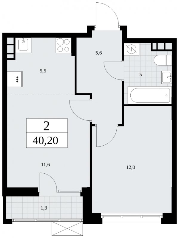 2-комнатная квартира (евро) без отделки, 40.2 м2, 6 этаж, сдача 4 квартал 2024 г., ЖК Бунинские кварталы, корпус 2.3 - объявление 1882568 - фото №1