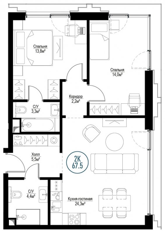 2-комнатная квартира с частичной отделкой, 67.5 м2, 24 этаж, сдача 3 квартал 2024 г., ЖК Метрополия, корпус Amsterdam - объявление 1786511 - фото №1
