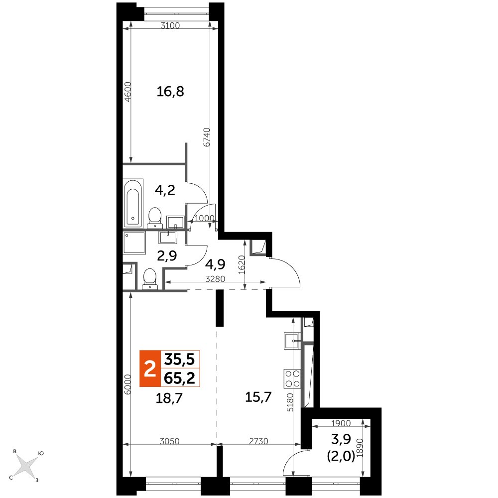 2-комнатная квартира с частичной отделкой, 65.2 м2, 17 этаж, дом сдан, ЖК Sydney City, корпус 2 - объявление 2380734 - фото №1