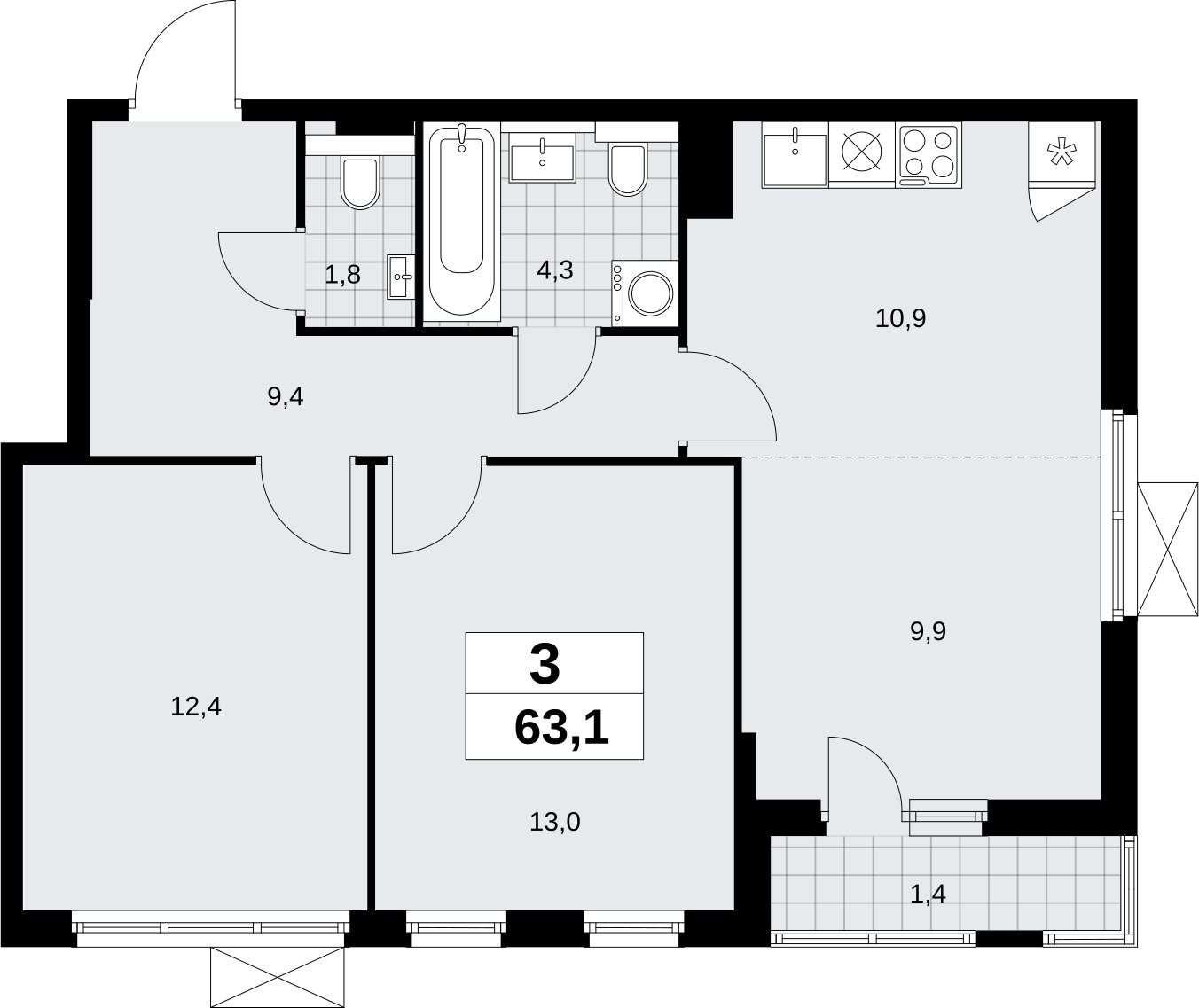 3-комнатная квартира (евро) без отделки, 63.1 м2, 3 этаж, сдача 2 квартал 2026 г., ЖК Бунинские кварталы, корпус 9.1 - объявление 2324087 - фото №1