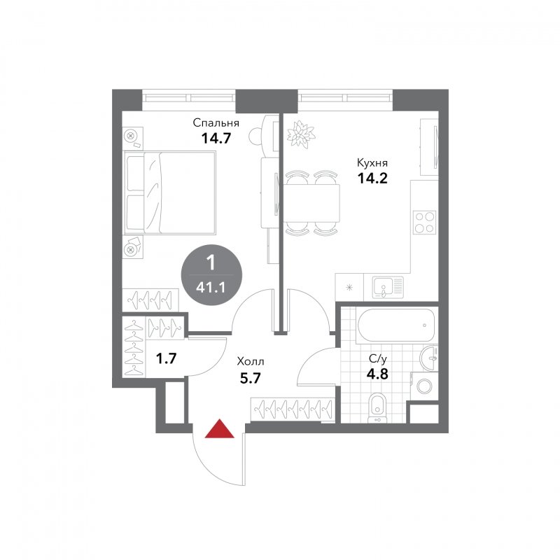 1-комнатная квартира без отделки, 41.1 м2, 10 этаж, сдача 3 квартал 2025 г., ЖК VOXHALL, корпус 2 - объявление 1786793 - фото №1