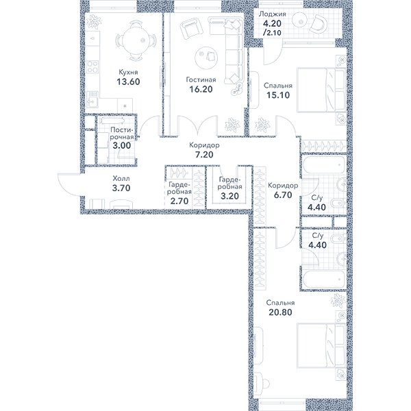 3-комнатная квартира без отделки, 102.6 м2, 4 этаж, сдача 3 квартал 2023 г., ЖК Серебряный фонтан, корпус 3 - объявление 1973664 - фото №1