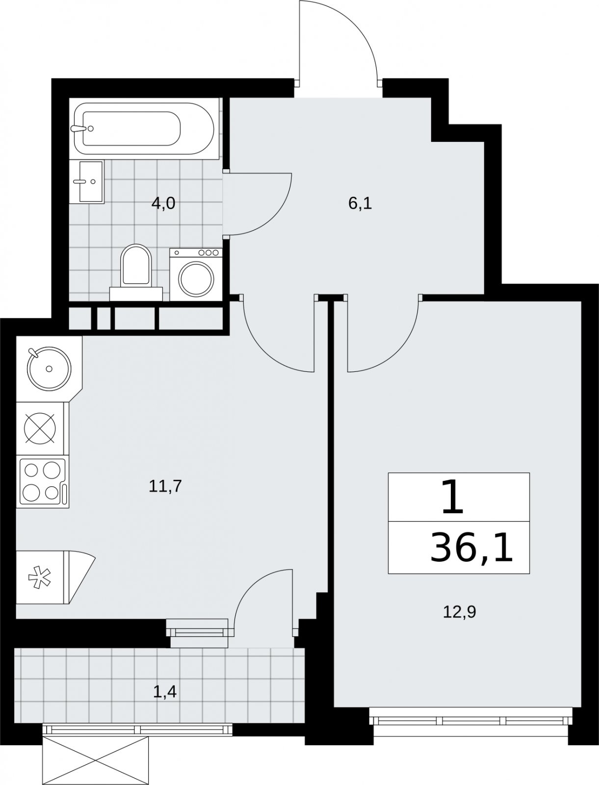 1-комнатная квартира с частичной отделкой, 36.1 м2, 7 этаж, сдача 2 квартал 2026 г., ЖК Бунинские кварталы, корпус 5.1 - объявление 2297260 - фото №1