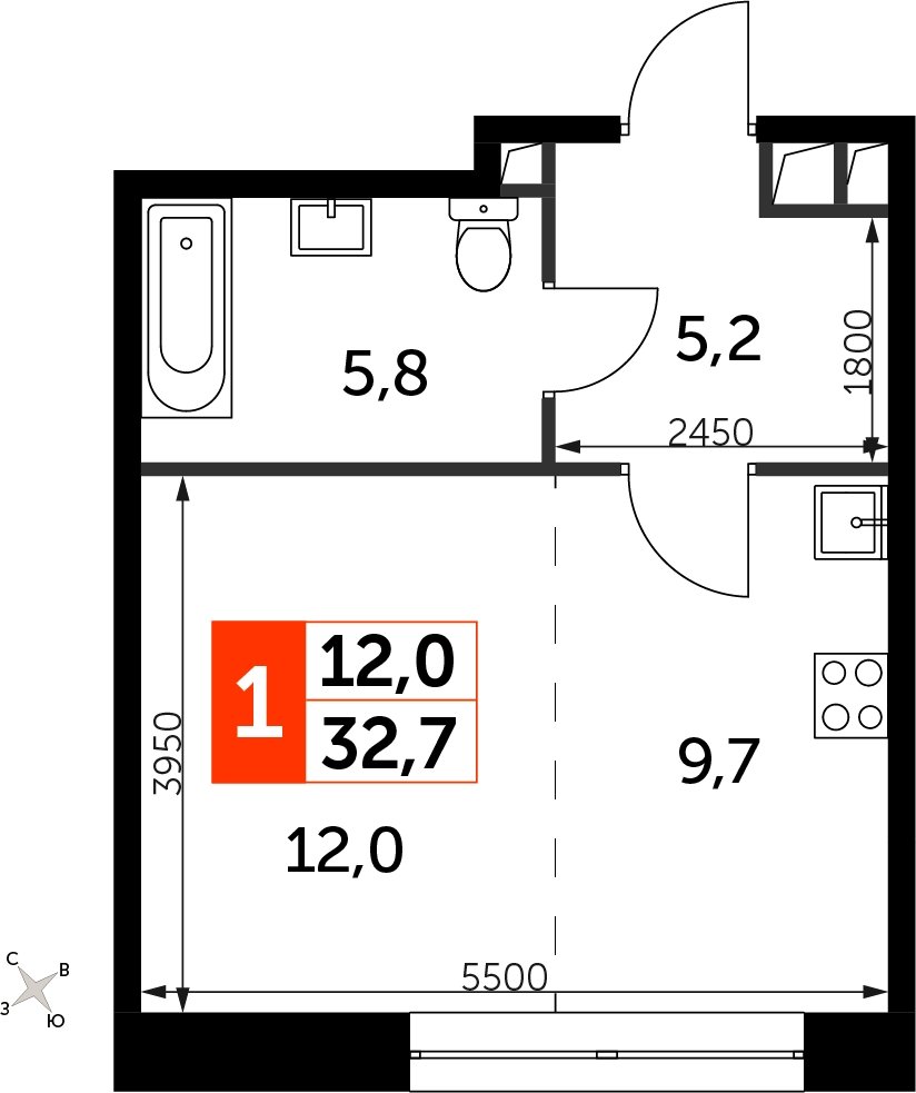 Студия с частичной отделкой, 32.7 м2, 3 этаж, сдача 3 квартал 2024 г., ЖК Sydney City, корпус 2.1 - объявление 2266938 - фото №1