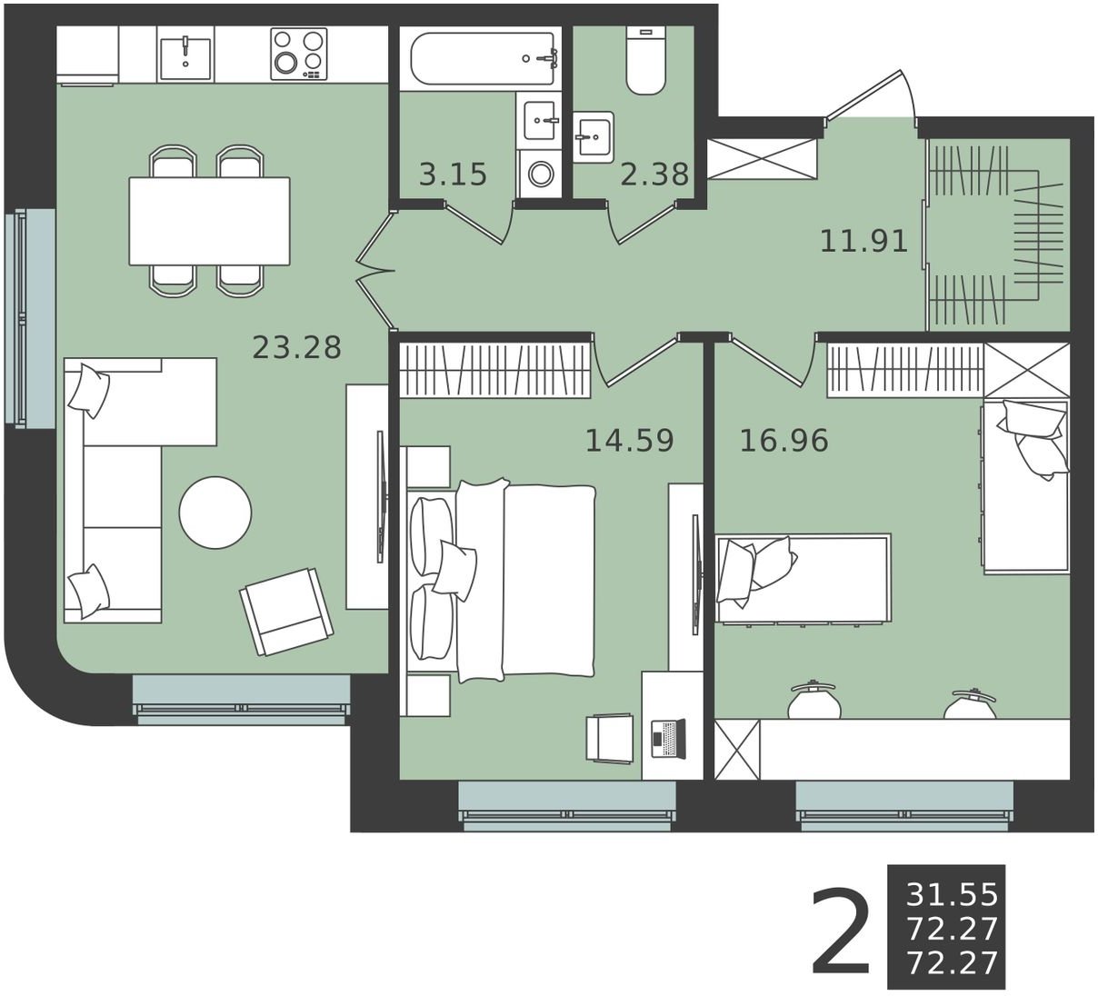 2-комнатная квартира 72.27 м2, 1 этаж, сдача 1 квартал 2024 г., ЖК Мишино-2, корпус 7 - объявление 2149864 - фото №1