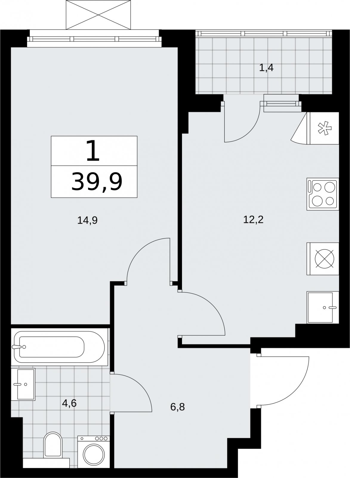 1-комнатная квартира без отделки, 39.9 м2, 14 этаж, сдача 2 квартал 2026 г., ЖК Бунинские кварталы, корпус 7.4 - объявление 2314142 - фото №1